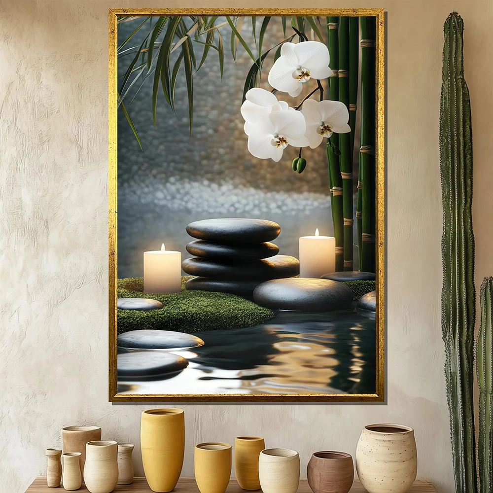 Zen Stones And Orchid With Candlelight, Bamboo Spa Scene Canvas Painting, Peaceful Wall Decor, Zen Poster, Yoga Room Decor, Art