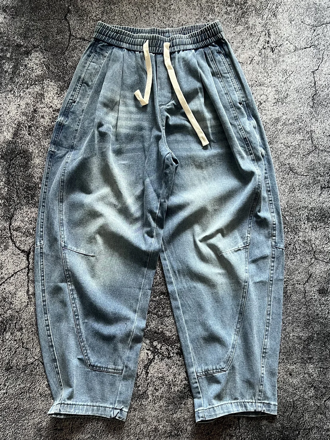 

Loose Wide Leg Jeans Youth Casual 3D Tailored Drawstring Elastic Waist Lazy Style Long Pants Cotton Polyester Blend Denim