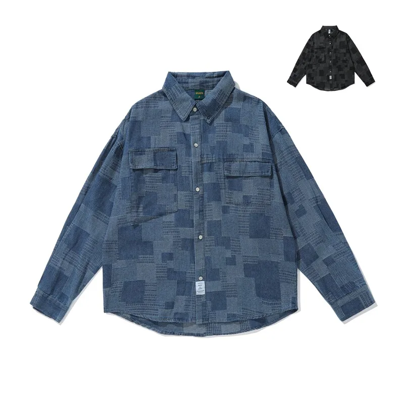 

Japanese Retro Blue Dye Patchwork Ethnic Style Loose Shoulder Long Sleeved Shirt for Men