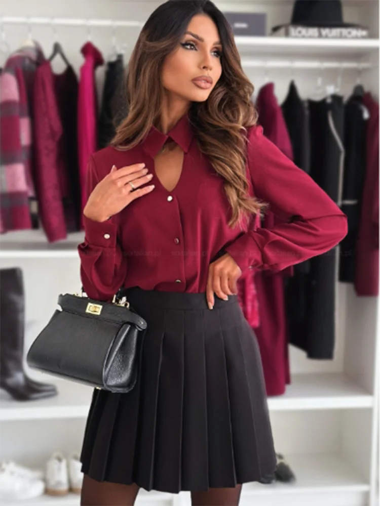 Elegant Button Hollow V-Neck Long Sleeved Shirt Office Lady Daily Urban Style Spring Autumn Tops