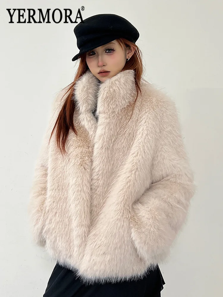

YERMORA Women's Beige Thick Brief Casual Faux Fur Coat Lapel Long Sleeve Loose New Jacket Fashion Tide Autumn Winter 2025