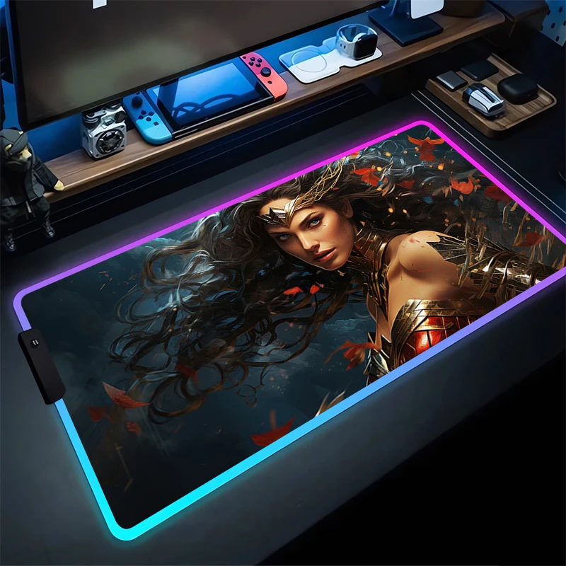 RGB Mouse Pad W-Wonder W-Woman Non-Slip Rubber Edge locking mousepads Game play mats notebook computer With Backlit Home Decor