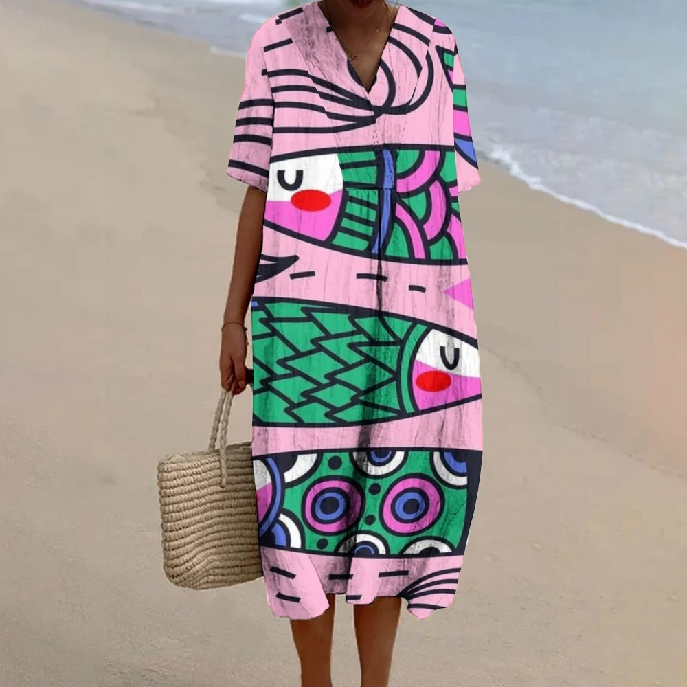 Sardines Fish Print Dress Fashion Holiday Dress Luxury Brand Designer Women's Print Flowy Dress For Beach Modaling Chic Outfit