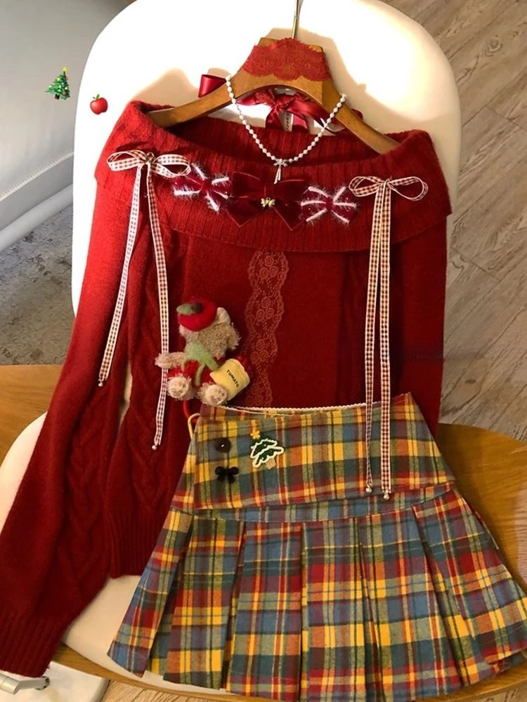 

New Chirstmas Knitted Sweater 2 Piece Set Women Off Shoulder Red Long Sleeve Pullover + Skirts Y2k Vintage Casual Korean Clothes