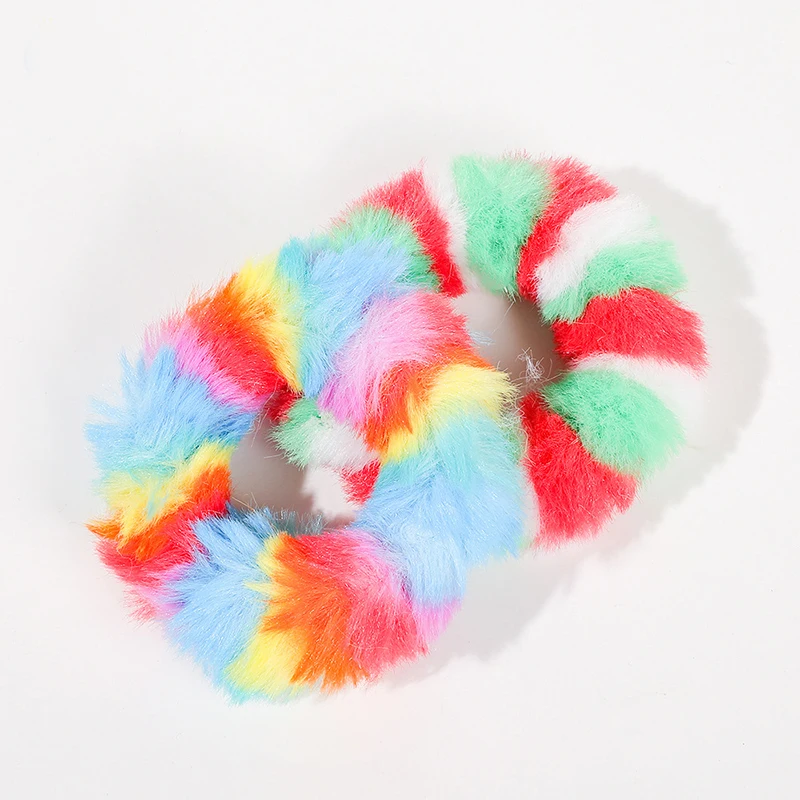 

Colorful Rainbow Plush Hair Rope Fluffy Faux Fur Hair Scrunchies Women Tie-dyed Elastic Hair Bands Girls Cute Hair Accessories