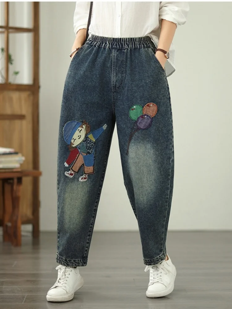 

Детские джинсовые джинсы с вышивкой в стиле ретро, новые осенние повседневные брюки, свободные утягивающие брюки с эластичной резинкой на талии
