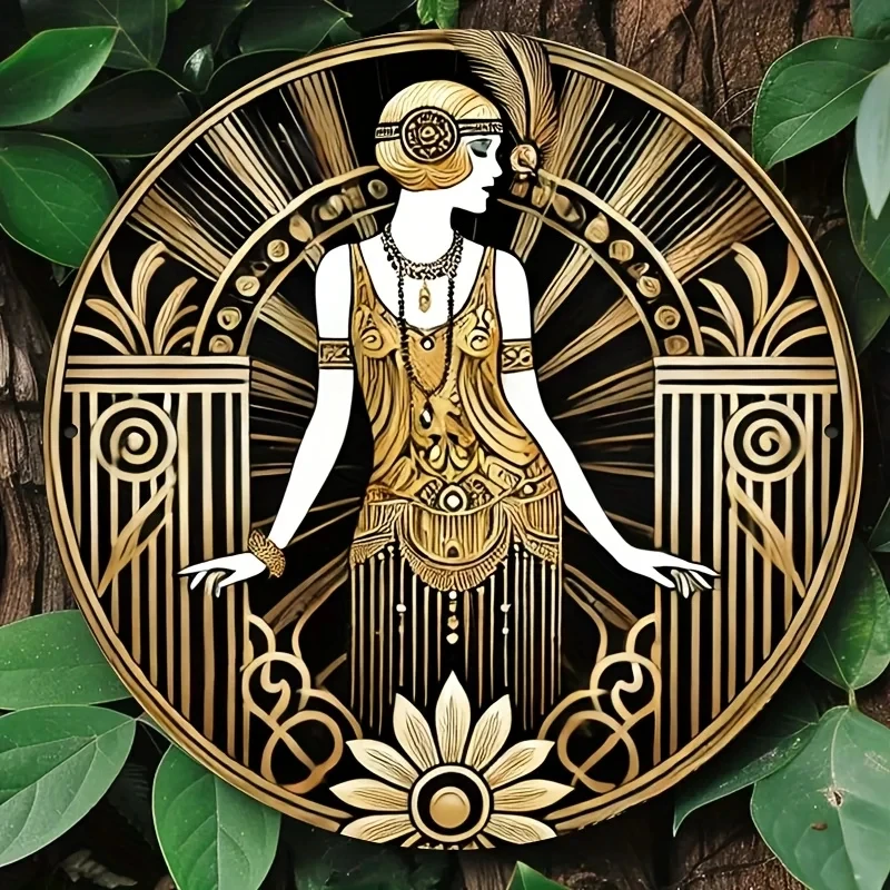 2D Flat, 1 Piece Vintage 1920S Carnival Era Round Metal Sign - Featuring a Golden-Toned Female Silhouette, Floral Designs, and
