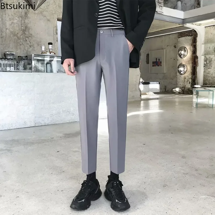 Spring Summer Men's Suit Pants Fashion Solid Slim Business Office Social Formal Pants for Men Elastic Waist Ankle Length Trouser