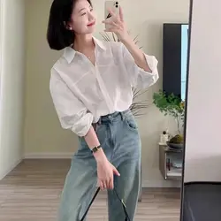 Oversize White Shirt For Women 2024 Spring New Loose Korean Fashion Long Sleeve Blouse Simple Base Shirt Casual Ladies Blouses