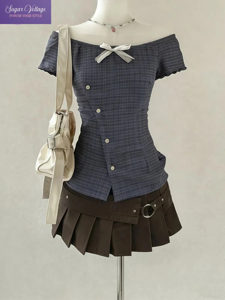 

Korean Preppy Vintage 2 Piece Set Women Off Shoulder Blue Plaid Top + Brown Pleated Mini Skirt Sweet Cool Girl Fashion Outfit