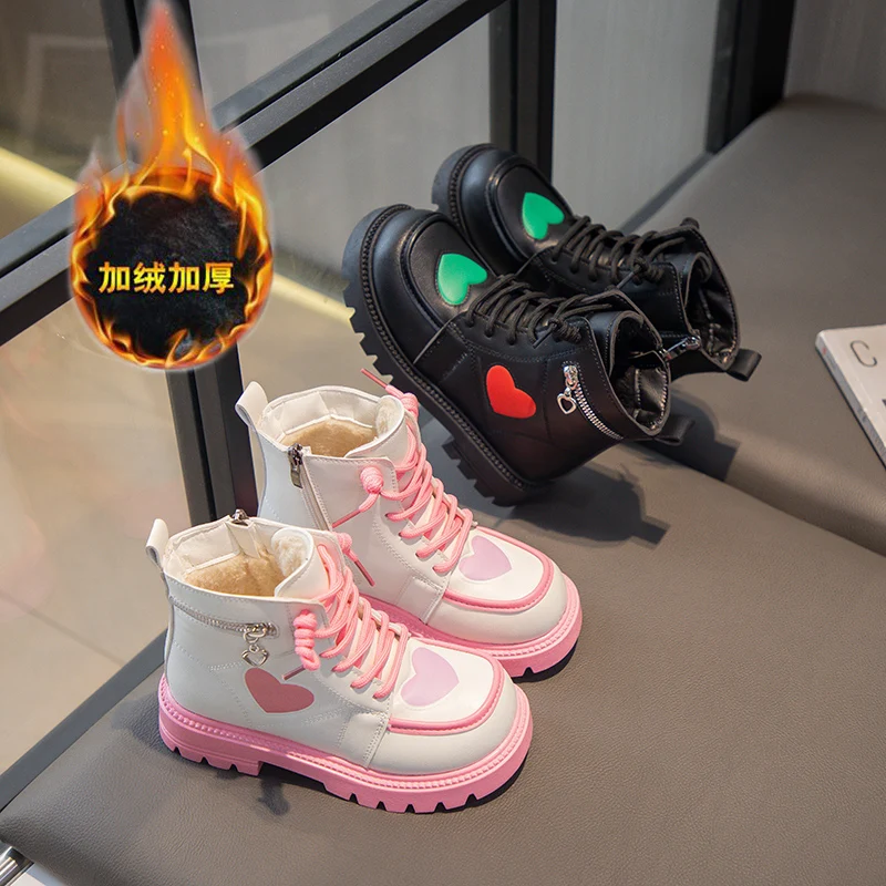 

【Warm Fleece】Girls' Boots with Heart Accent & Zipper, Casual Style, Non-Slip Sole, Comfortable for Winter Daily Wear
