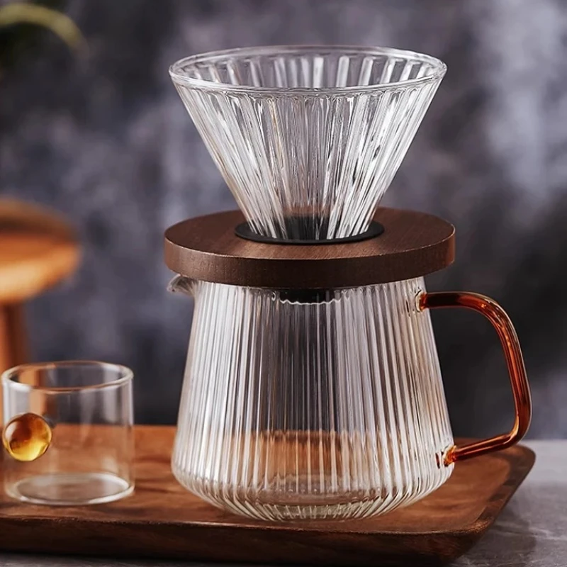 Juego de elaboración de goteo manual, tetera de cristal con cuello de cisne con mango de madera, boquilla en V, estufa segura para Barista Home Cafe, cafetera