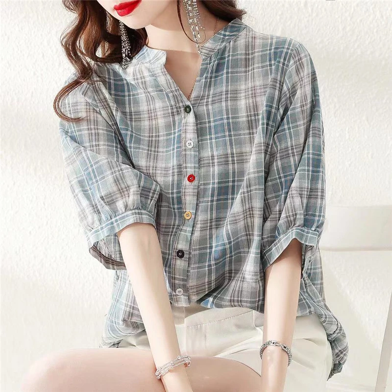 Women Retro Plaid Lace Up Simple Casual Loose Cotton Shirt Summer Korean Style V Neck Short Sleeve Blouse Chic Top Female Blusas