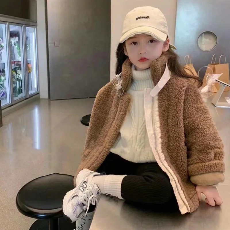 123  Berber Fleece Jacket Autumn Winter Girls Solid Color Thick Keep Warm Lapel Zipper Outerwear For Kids Fashion Snowsuit 2-6 Y