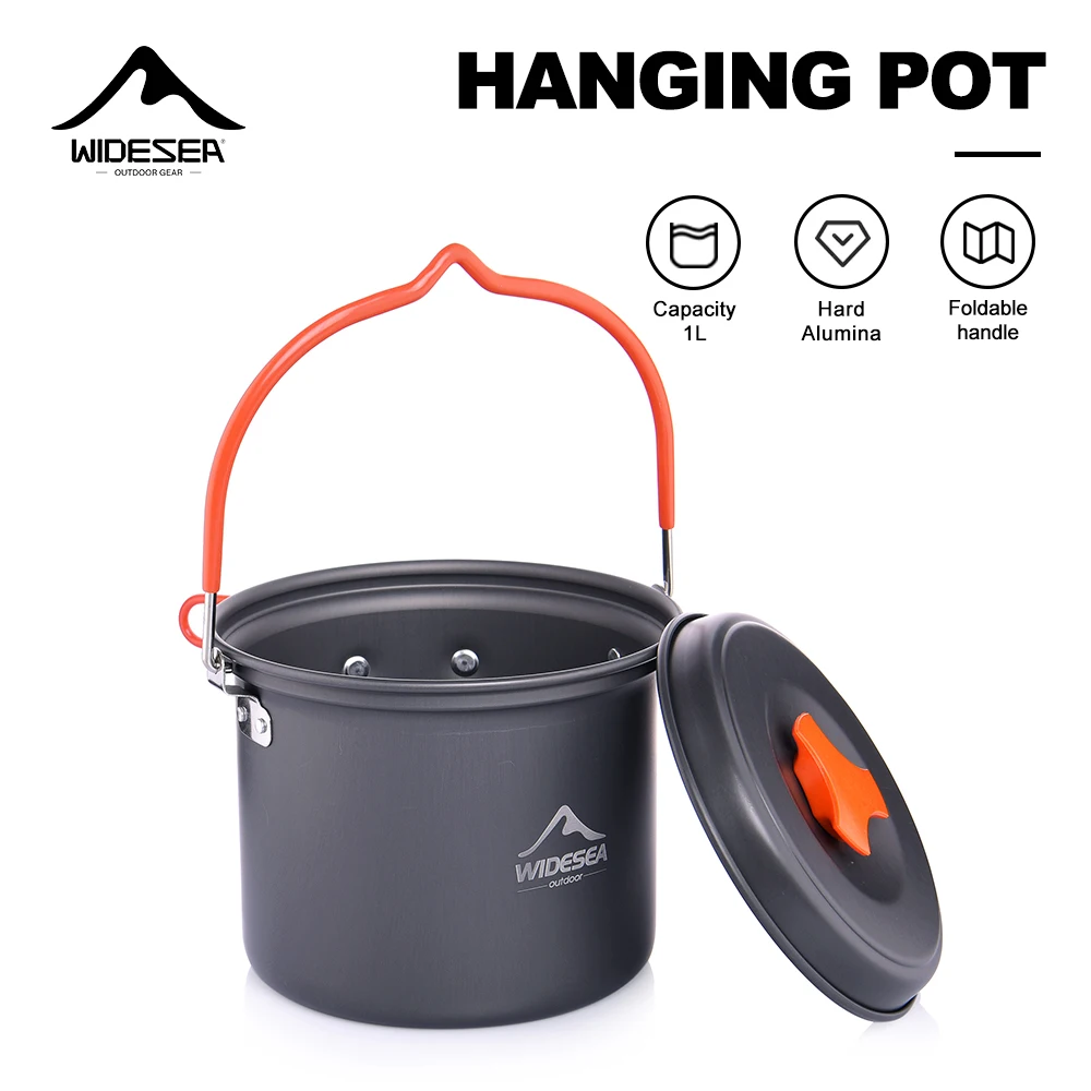 Widesea Hängetopf, 1 l, harter Aluminiumoxid, faltbarer Griff, tragbarer Campingtopf, leicht, zum Kochen im Freien, Wandern, Picknick-Rucksack