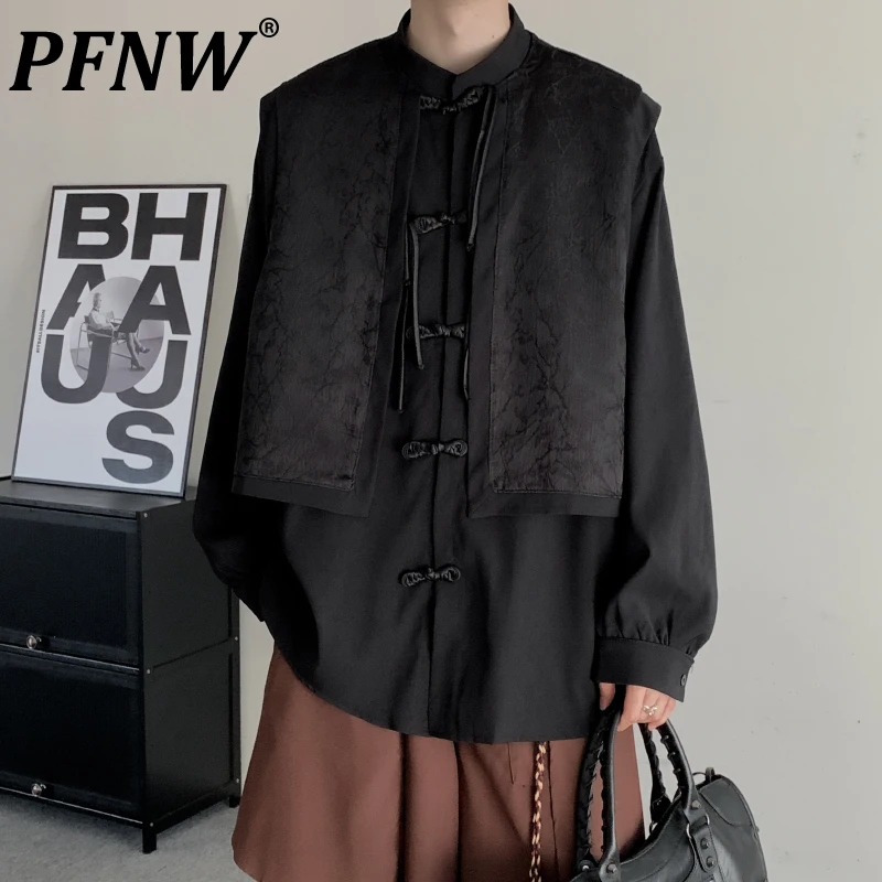 

PFNW Chinese Style Jacquard Long Sleeved Black Shirts For Men Fake Two Piece Vest Patchwork Niche Shirt Big Size Tops 12C1219