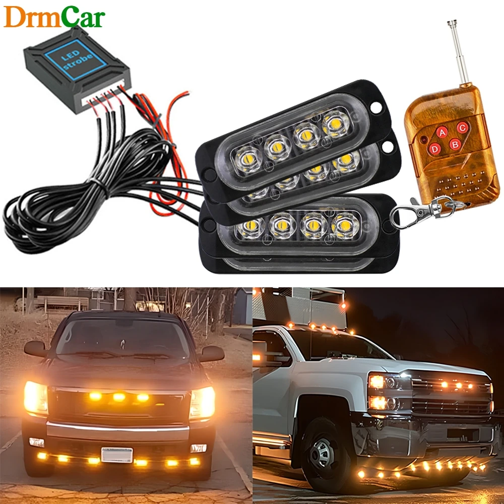 

4X4LED Wireless Control Emergency Strobe Lights 12-24V Grill Police Auto Side Lamp Warning Flashing Beacons Bulb for Car Truck