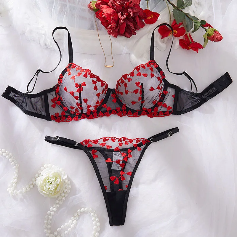

Sexy Lingerie Female Heart Embroidery Lingerie Set See Through Mesh Underwear Valentine's Day Romantic Intimate Fantasy Bra Set
