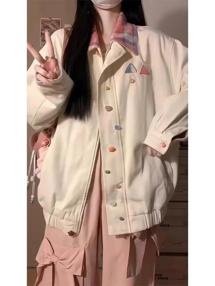 

Sweet Sle Japanese Iuenced Loose Fit Collar Star Print Women's Jaet Outerwear Spring Autumn New Arrival Casual De...