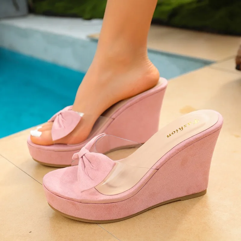 Women's 10cm Wedge Platform Mules – Pink Bow Decor, Clear Strap, Peep Toe Suede Beach Summer Sandals