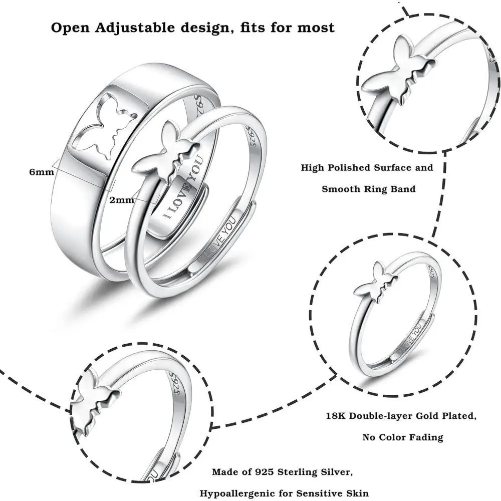 Fansilver 925 Sterling Silver Matching Rings for Couples Wedding Ring Sets Adjustable Matching Rings Valentines Day Gifts