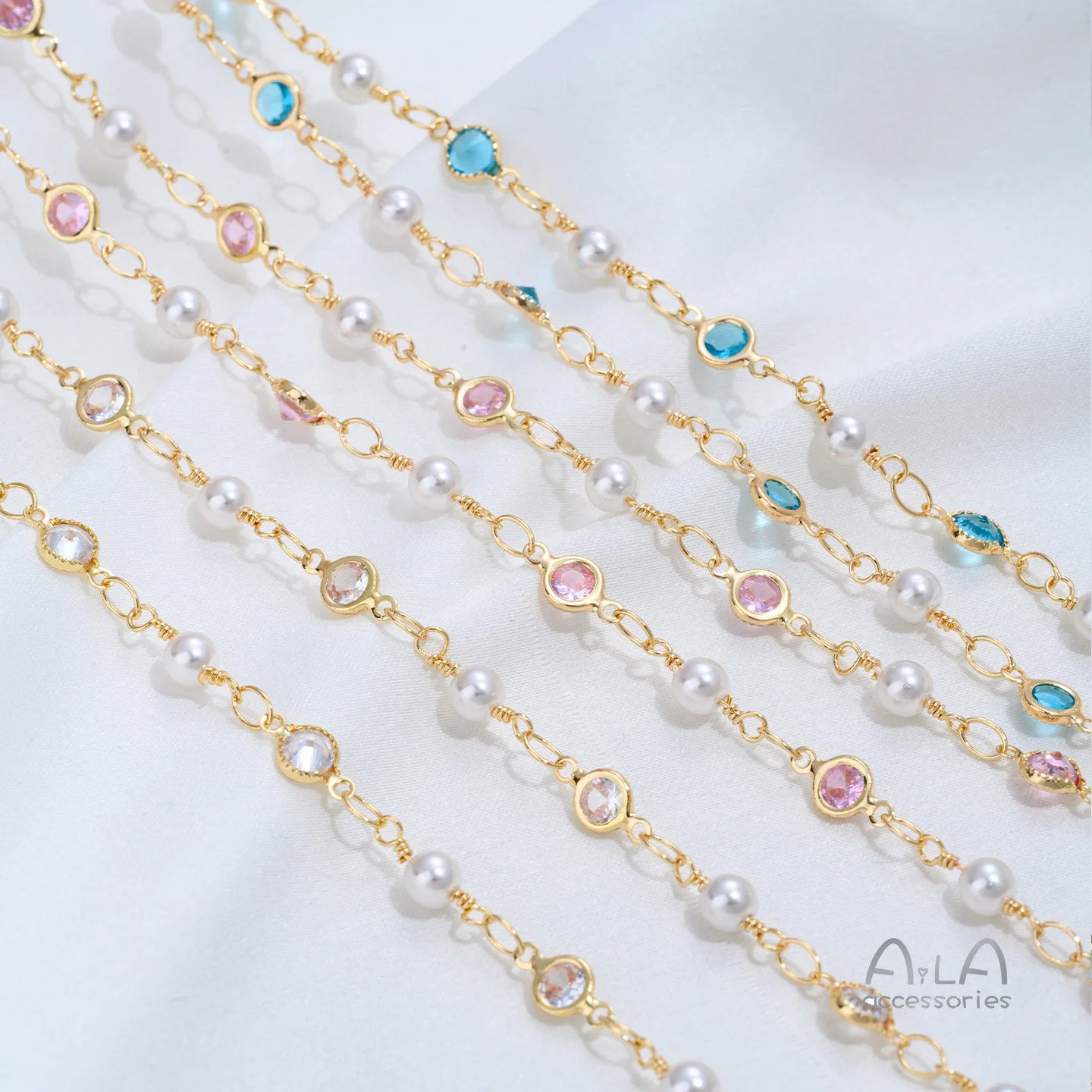 14K Gold Plated Brass Chains Inlaid With Round Color Zircon & Pearl Tassel Chains DIY Bracelet Necklace Jewelry Making Accessori