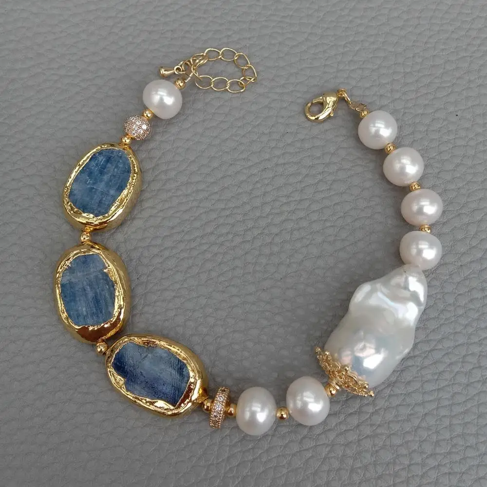 YYGEM Natural 17x23mm Blue Kyanite Rectangle Freshwater Cultured White Keshi Pearl Bracelet