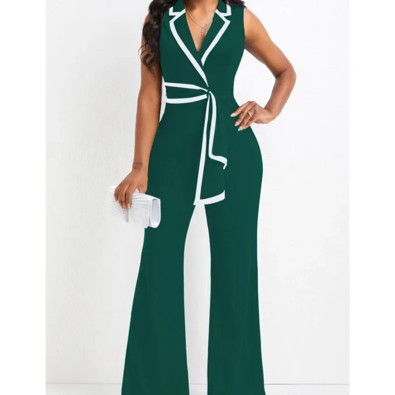 

Summer Commuter Style Women Jumpsuit Striped Splicing Notched Collar Wide Leg Jumpsuits 2025 Solid One Piece Suit OL Romper
