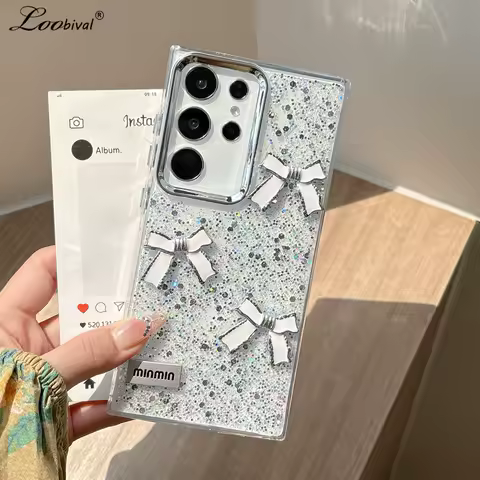 Glitter Bowknot Epoxy Case for Samsung Galaxy S24 S25 Ultra Edge S23 S22 Plus S21 S20 FE A55 A56 A54 A16 A35 A15 A14 Bling Cover