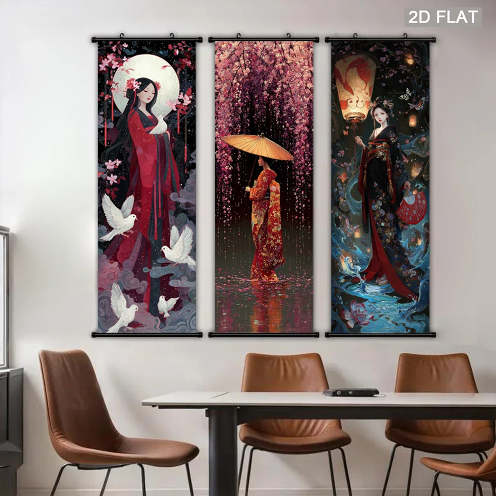 Japanese Kimono Girl Wall Scroll Tapestry, Cherry Blossom Beauty with Umbrella, Oriental Art Poster, Living Room Home Decor