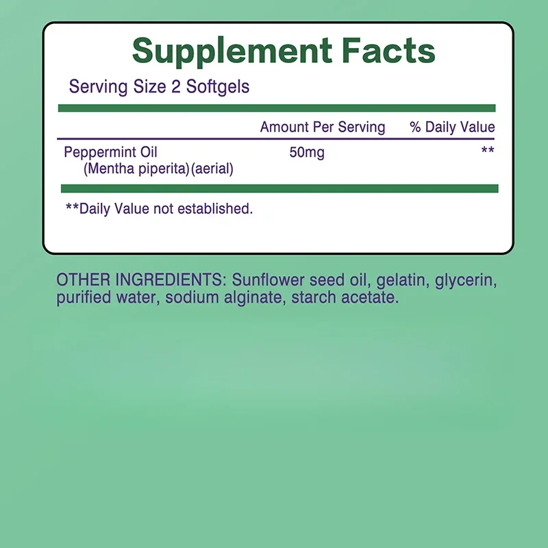 زيت النعناع 50 مجم - يعزز الهضم والامتصاص، ويقلل من الانزعاج في البطن، ويساعد صحة الجهاز الهضمي والأمعاء