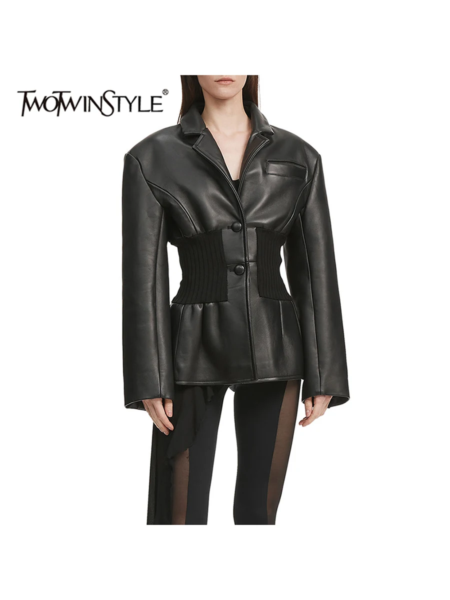 

TWOTWINSTYLE однотонные утягивающие кожаные куртки на пуговицах для женщин, туника с лацканами и длинными рукавами, модная куртка, женская одежда, новинка