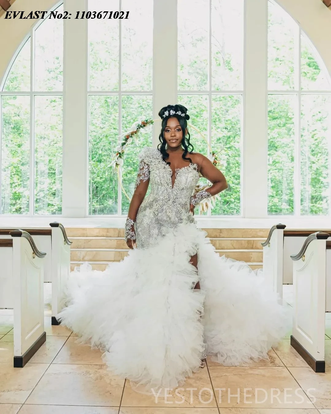 EVLAST مخصص العربية Aso Ebi حورية البحر فستان الزفاف عالية الشق اللؤلؤ مطرز الكشكشة فستان زفاف رداء دي ماري MD37 الأفريقي #4