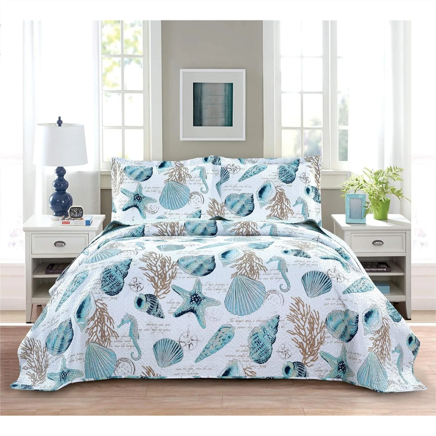 3-Piece Nautical Reversible Bedspread Coverlet Queen 90x90, Blue-Green Seashells Coral Beach Bedding Set, Lightweight Quilt for