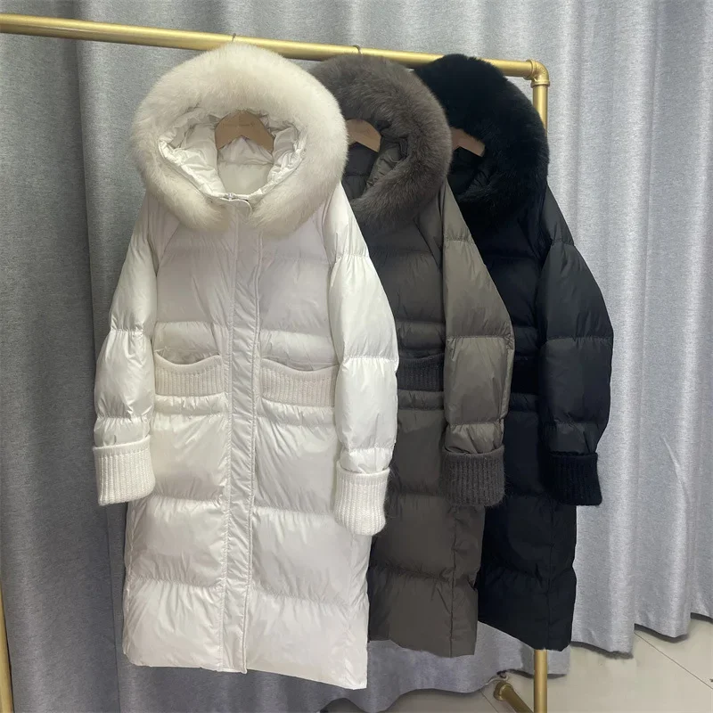 Long Knit Splice White Down Jacket Women New Korean Thick Hooded Big Fur Collar Loose Large Size Puffer Jackets Coat Tide Winter