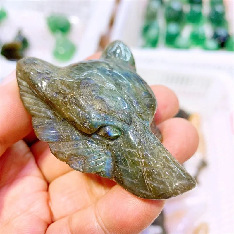 Natural Labradorite Wolf Head Carving, Fashion Home Decoration, Powerful Animal Crystal Crafts, Healing Stone Gift, 1Pc