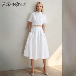 TWOTWINSTYLE Casual Slim Two Piece Sets For Women Lapel Short Sleeve Top High Waist A Line Skirt Solid Set Female Fashion New