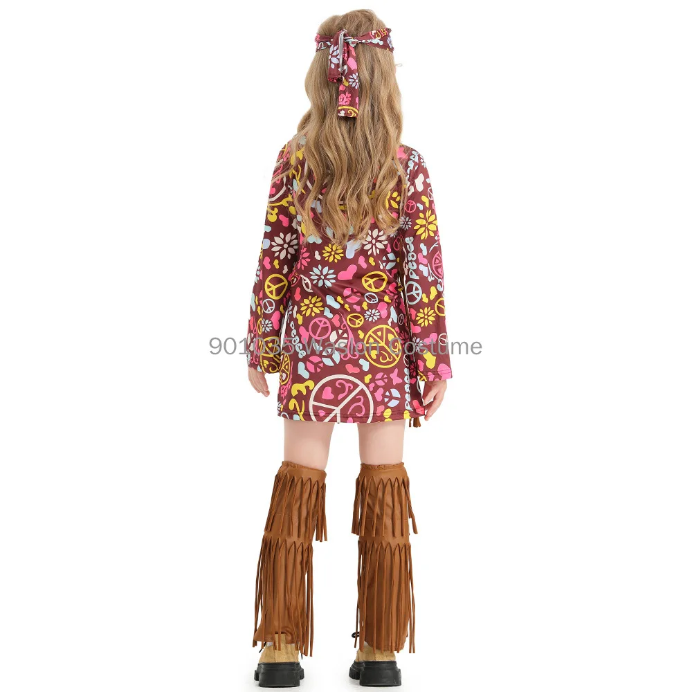 Baby Kid Girls Peace Love Hippie Costume Halloween Cosplay Dress Party Outfit For Hippy Girls S-XL Headwear +Dress+ Bootcover