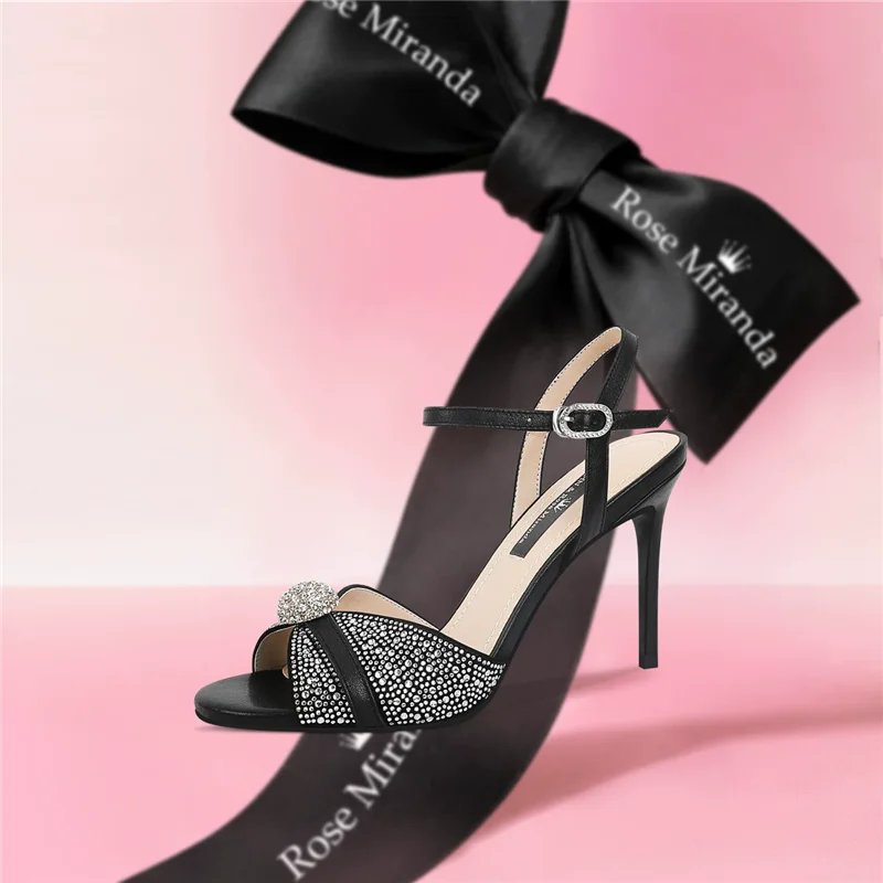 Summer New Round Head Fish Mouth Water Diamond Bead Silk Sandals for Banquet Dress Small Size Small Heels High Heels Women Shoes