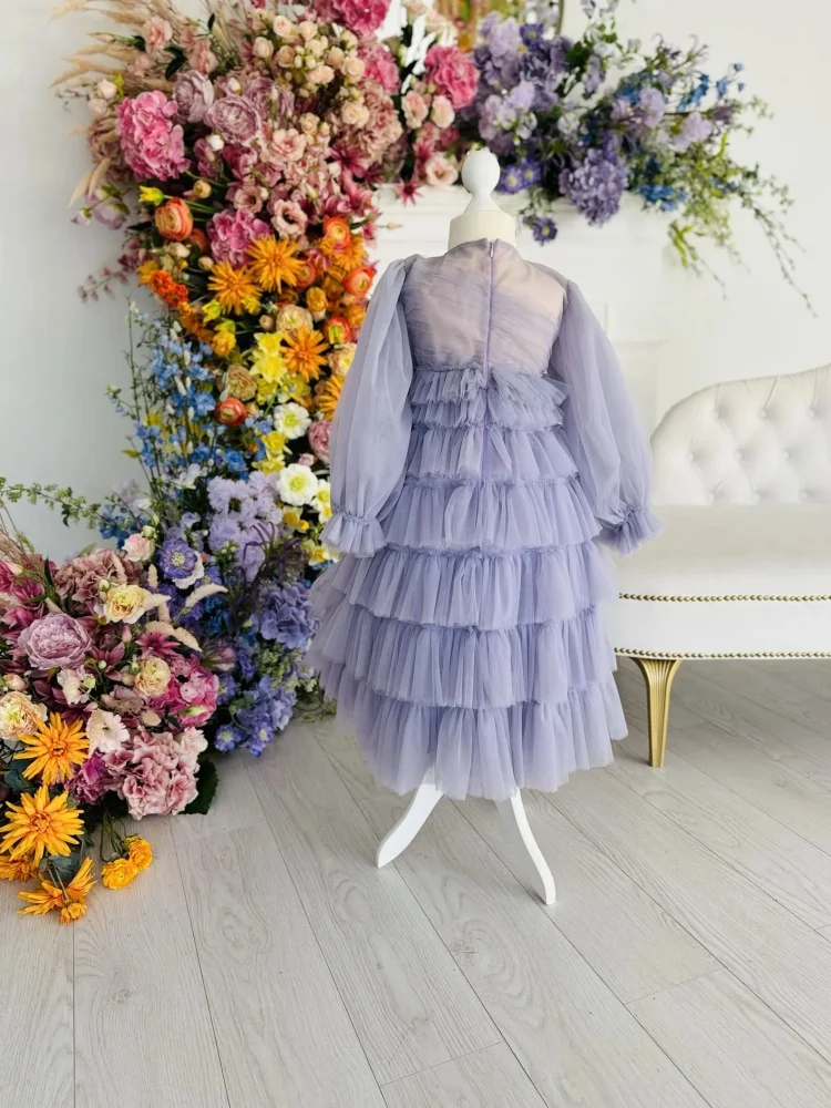Wedding Flower Girl Dresses Dusty Purple Kids Long Sleeve Formal Dress Round Neck Puff Sleeves Multi Tier Ruffle Tulle Maxi Gown