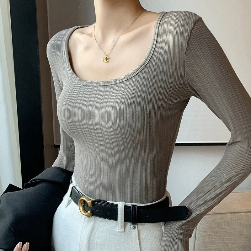 Women U Neck Ribbed Long Sleeve Tops Elegant Solid Color Basic Cropped Blouse Multiple Colors Available Long Sleeve T-shirts