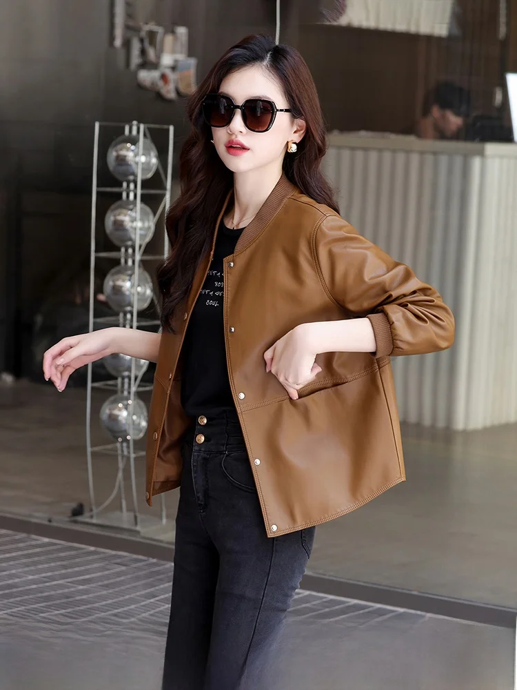 

Женская куртка из натуральной кожи Ning, короткая, в бейсбольном стиле, новая коллекция 2025 года, весна-осень, корейская версия, из овчины, свободного кроя