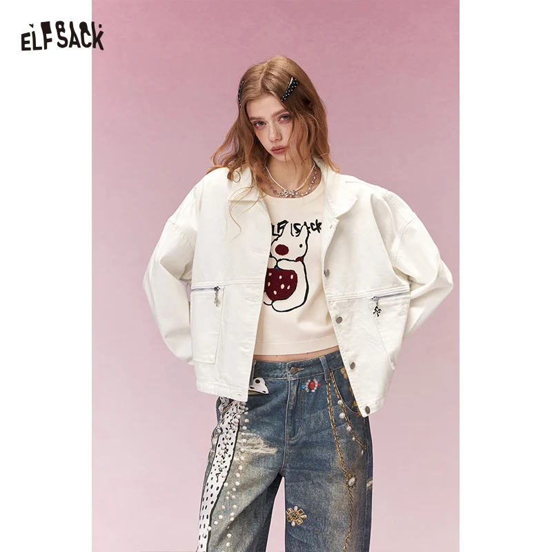 ELFSACK Women's Loose Workwear Denim Jacket, Streetwear Casual Oversized Tops with Vintage Style