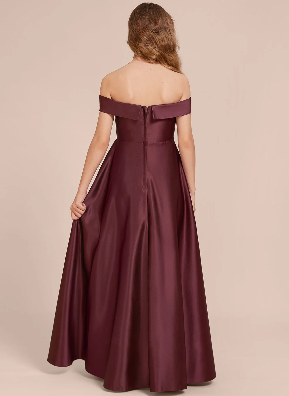 YZYmanualroom A-line Off the Shoulder Floor-Length Stretch Satin Junior Bridesmaid Dress/ Customizable