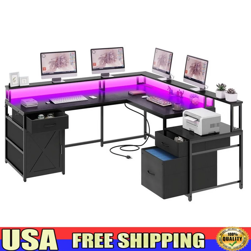 

Двусторонний L-образный стол со светодиодной подсветкой, розетка для монитора, 3-х ящика, игровая рабочая станция для домашнего офиса