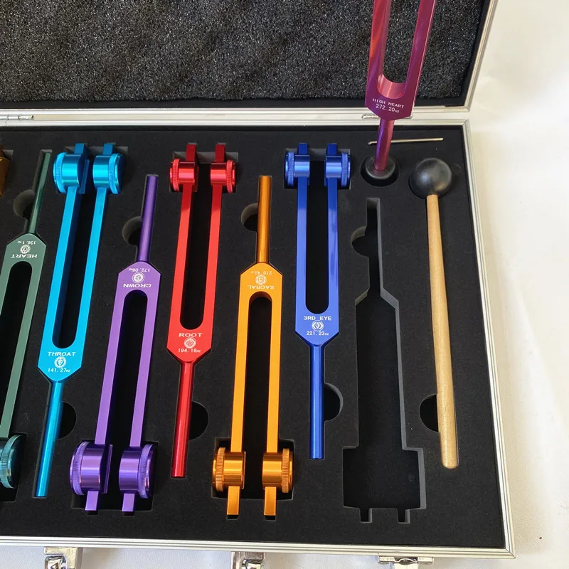 Colorful Tuning Fork 126.22 136.1 141.27 172.06 194.18 210.42 221.23 OM Aluminum Box Tuning Forks Set Healing Musical Percussion