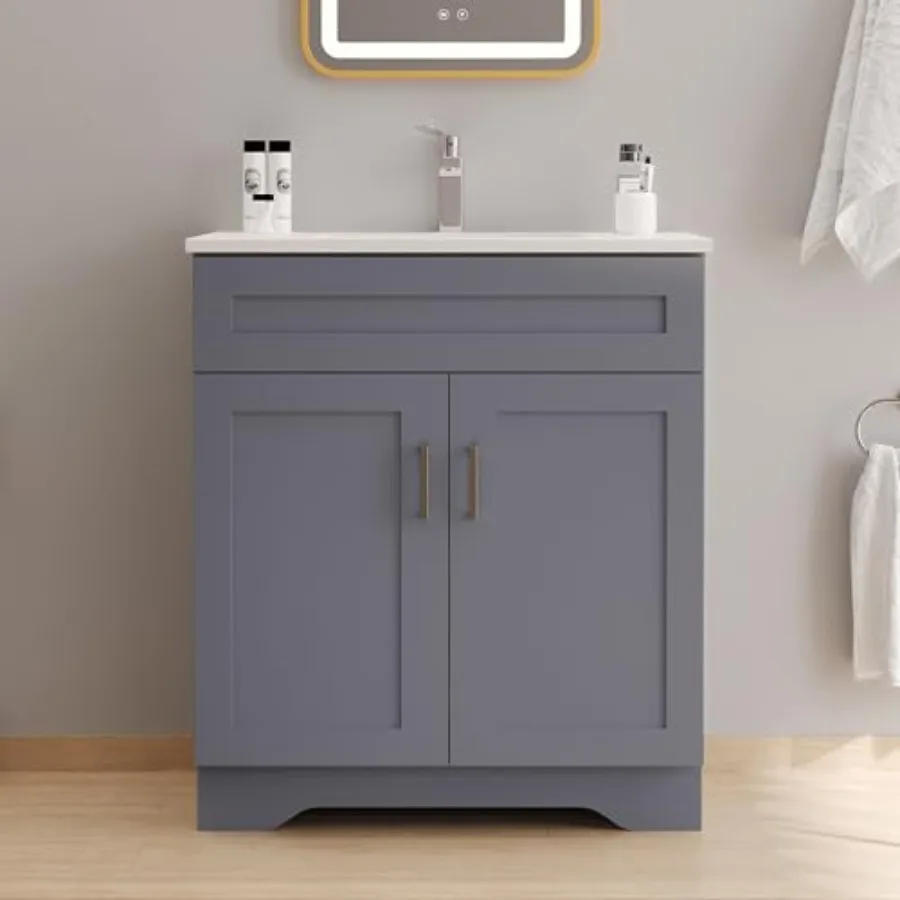 Bathroom 30 Vanity with Ceramic Sink, Wooden Double Door Storage Cabinet, Freestanding Vanity Cabinet in White with Smooth Fini