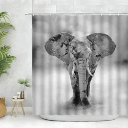 Elephants Shower Curtain African Wild Animal Elephants Close-Up Black Gray Polyester Cloth Print Bathroom Curtains Hooks Set