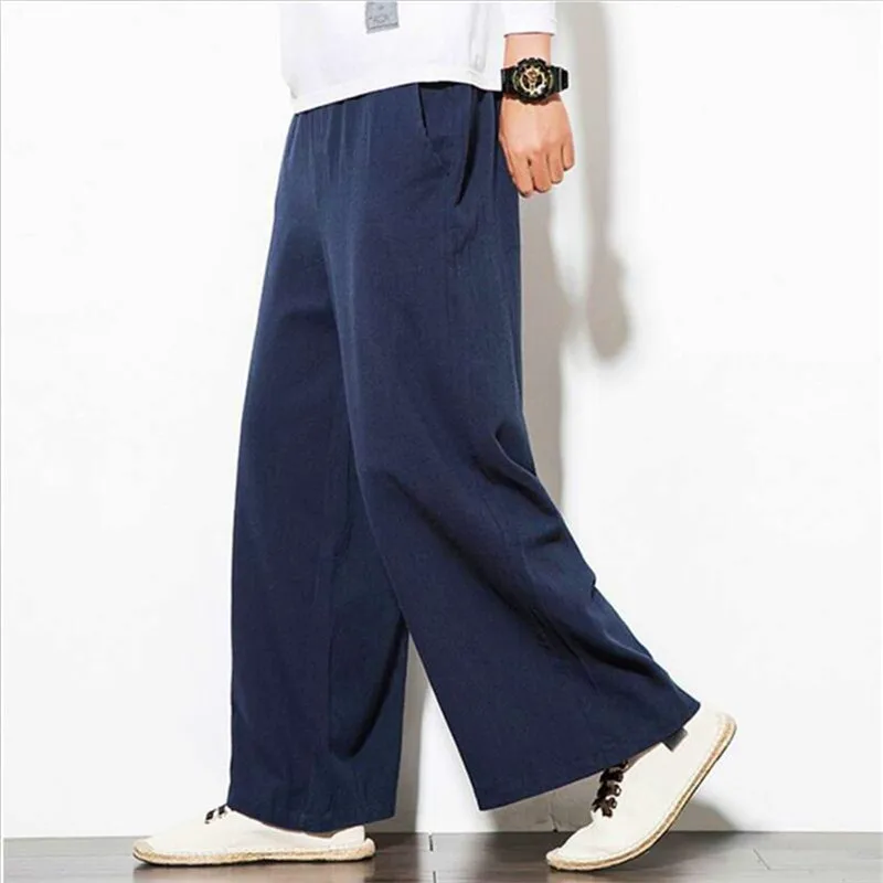 

2026 Men Casual Loose Cotton Linen Pants Summer Autumn Male Elastic Waist Solid Wide Leg Pants Plus Size M-7XL