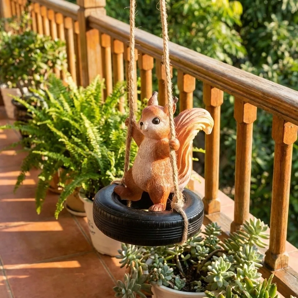 Lifelike Squirrel Tire Swing Weatherproof Hanging Garden Decoration Swing Cute Resin Squirrel Figurine Home Courtyard